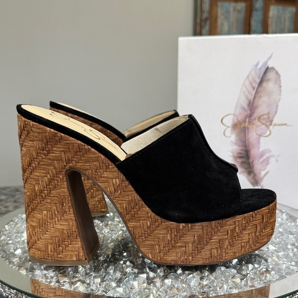 Jessica Simpson Black Suede Platform Mule Heels with Woven Brown Platform